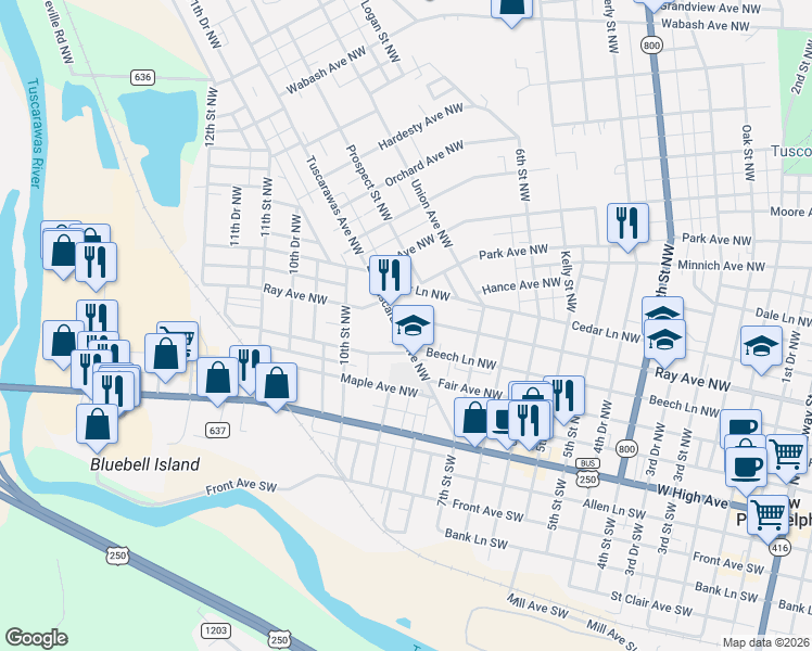 map of restaurants, bars, coffee shops, grocery stores, and more near 331 Tuscarawas Avenue Northwest in New Philadelphia