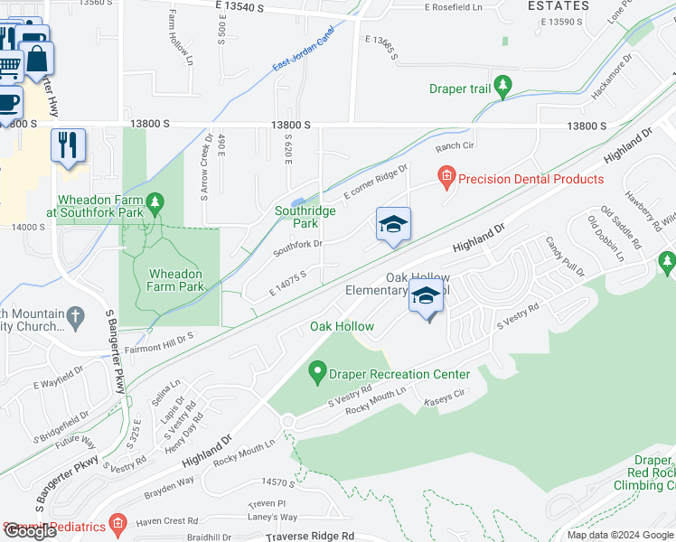 map of restaurants, bars, coffee shops, grocery stores, and more near 718 Peak View Circle in Draper
