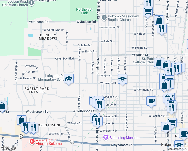 map of restaurants, bars, coffee shops, grocery stores, and more near 1030 North Burke Street in Kokomo