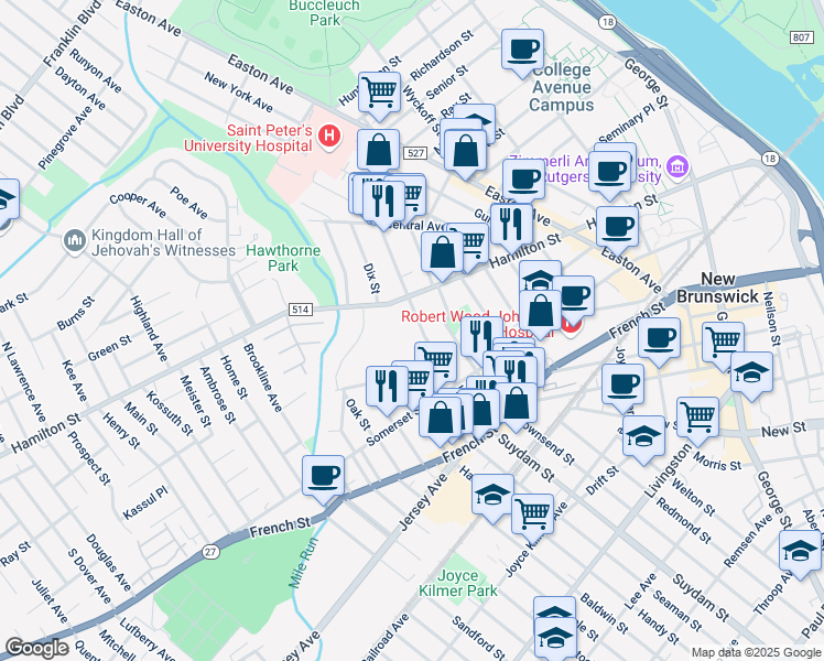 map of restaurants, bars, coffee shops, grocery stores, and more near 81 Louis Street in New Brunswick
