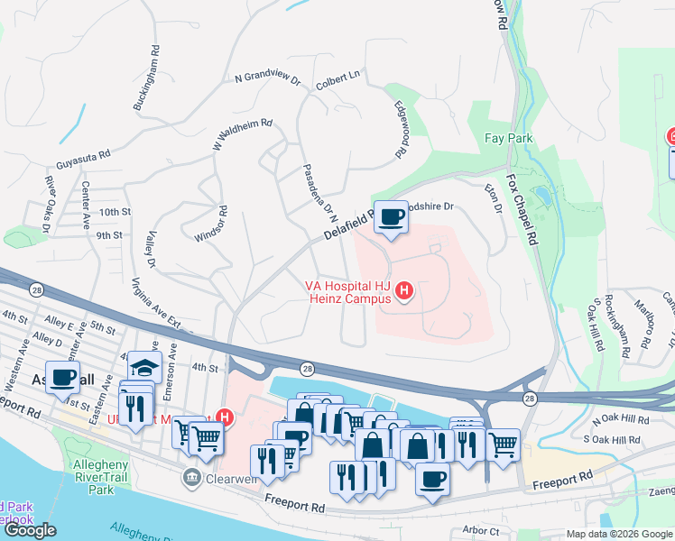 map of restaurants, bars, coffee shops, grocery stores, and more near 118 South Pasadena Drive in Pittsburgh