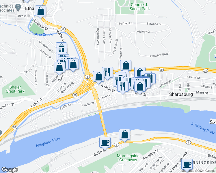 map of restaurants, bars, coffee shops, grocery stores, and more near 108a North Main Street in Sharpsburg