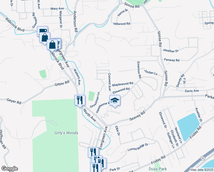 map of restaurants, bars, coffee shops, grocery stores, and more near 102 Convent Avenue in Pittsburgh