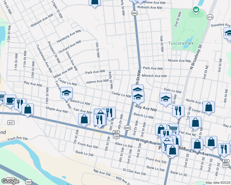 map of restaurants, bars, coffee shops, grocery stores, and more near 337 5th Street Northwest in New Philadelphia