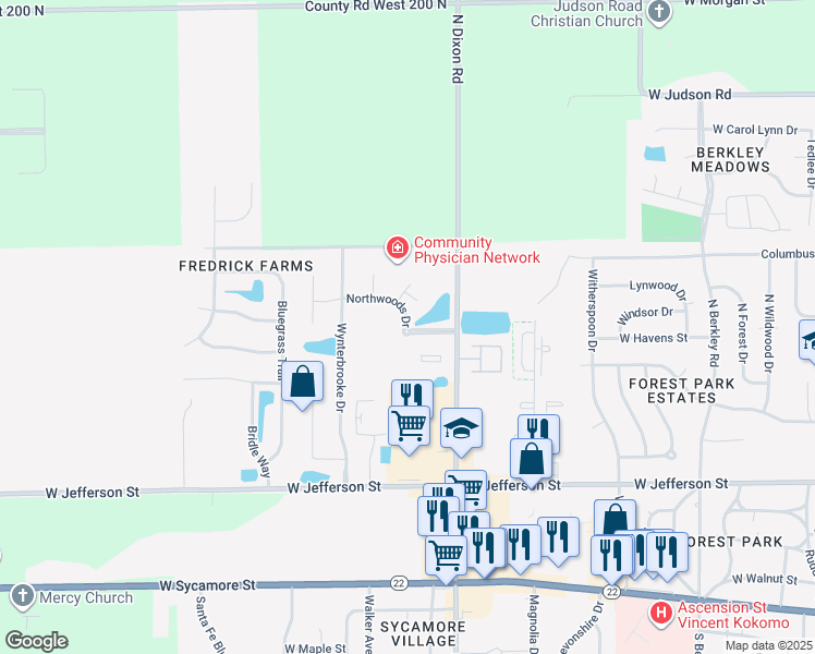 map of restaurants, bars, coffee shops, grocery stores, and more near 2607-2637 Northwoods Drive in Kokomo