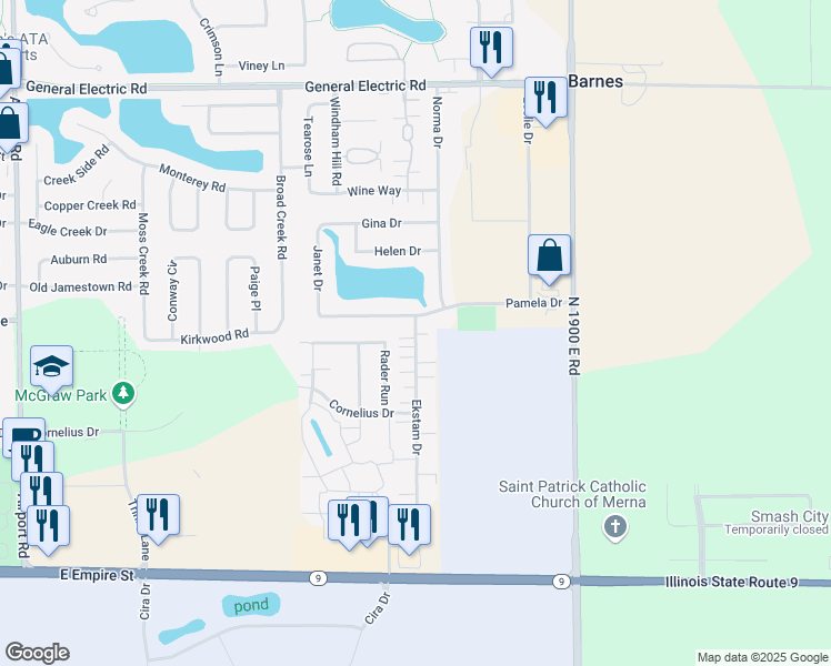 map of restaurants, bars, coffee shops, grocery stores, and more near 3701 Pamela Drive in Bloomington
