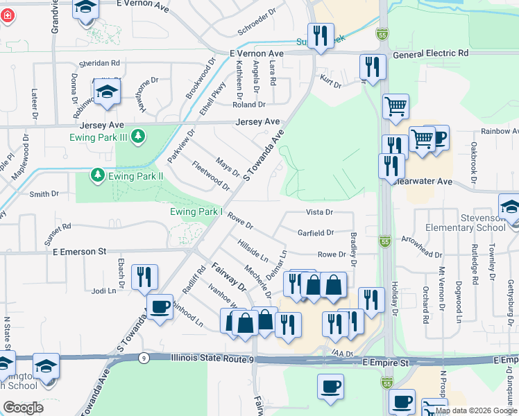 map of restaurants, bars, coffee shops, grocery stores, and more near 5 Cherrywood Lane in Bloomington