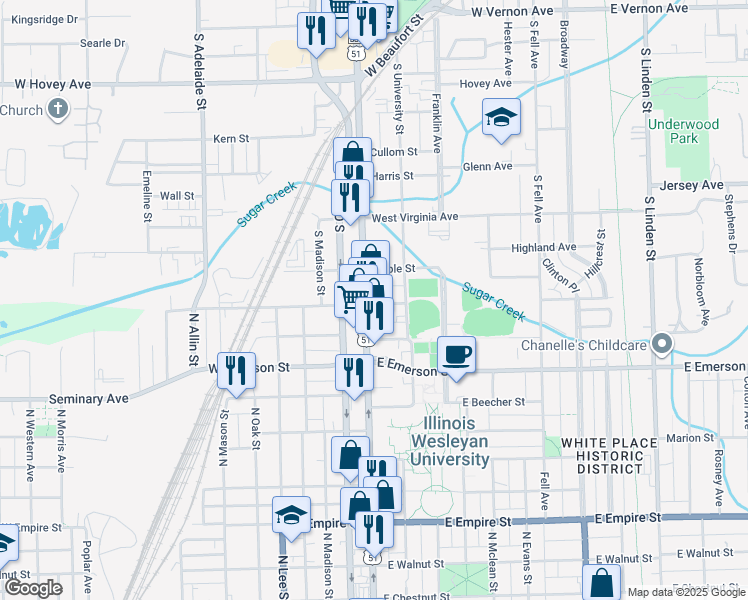 map of restaurants, bars, coffee shops, grocery stores, and more near 710 Division St in Normal