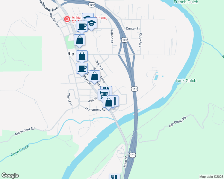 map of restaurants, bars, coffee shops, grocery stores, and more near 244 2nd Avenue in Rio Dell