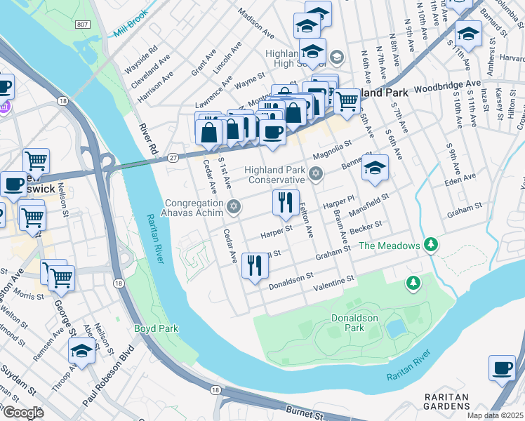 map of restaurants, bars, coffee shops, grocery stores, and more near 129 Johnson Street in Highland Park