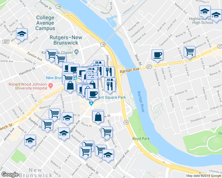 map of restaurants, bars, coffee shops, grocery stores, and more near 26 Hiram Square in New Brunswick