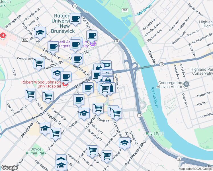 map of restaurants, bars, coffee shops, grocery stores, and more near 375c George Street in New Brunswick