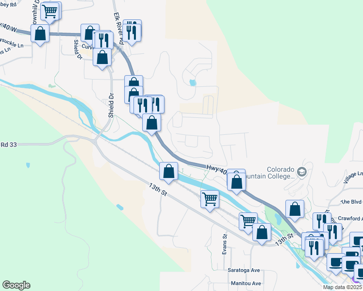 map of restaurants, bars, coffee shops, grocery stores, and more near 1576 Conestoga Way in Steamboat Springs