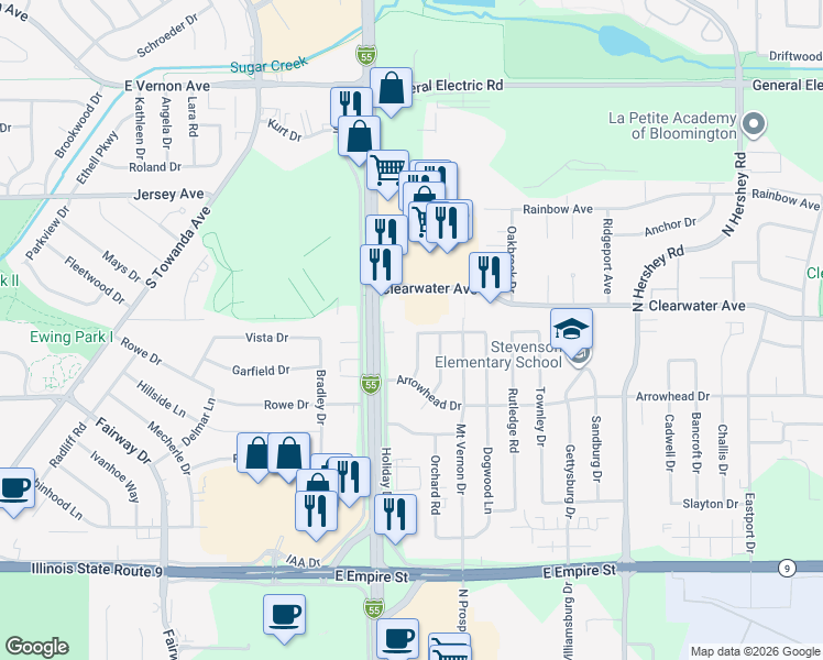 map of restaurants, bars, coffee shops, grocery stores, and more near 1316 Pinehurst Drive in Bloomington