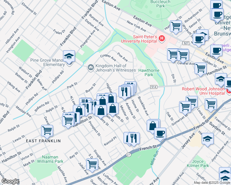 map of restaurants, bars, coffee shops, grocery stores, and more near 140 Green Street in Franklin Township