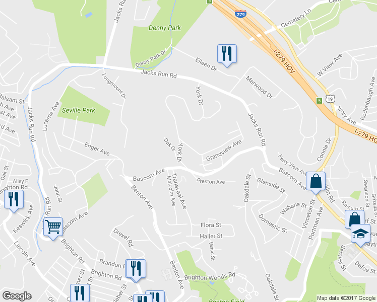 map of restaurants, bars, coffee shops, grocery stores, and more near 15 Penn Drive in Pittsburgh