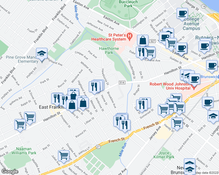 map of restaurants, bars, coffee shops, grocery stores, and more near Hamilton St & Hawthorne Dr in Franklin Township