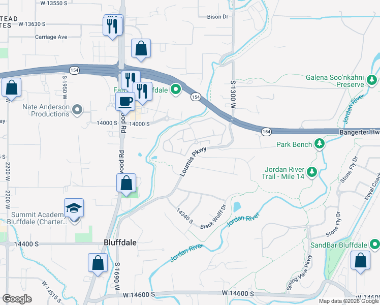 map of restaurants, bars, coffee shops, grocery stores, and more near 14083 South Rutherford Avenue in Riverton