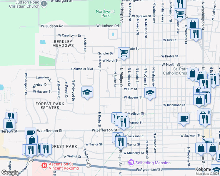 map of restaurants, bars, coffee shops, grocery stores, and more near 1028 Columbus Boulevard in Kokomo