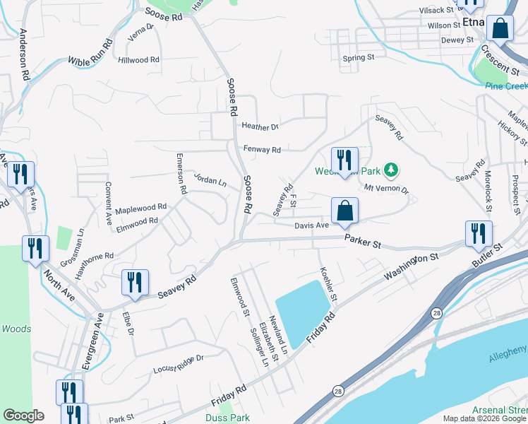 map of restaurants, bars, coffee shops, grocery stores, and more near 508 Seavey Road in Pittsburgh