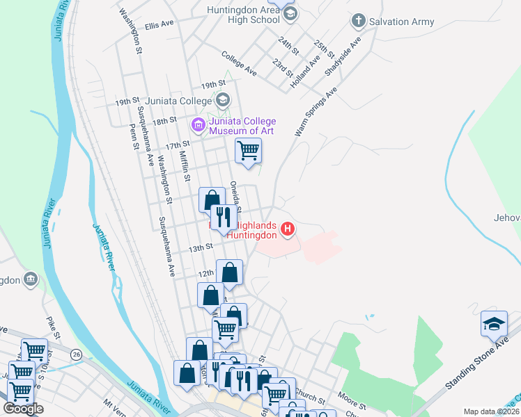 map of restaurants, bars, coffee shops, grocery stores, and more near 701 14th Street in Huntingdon