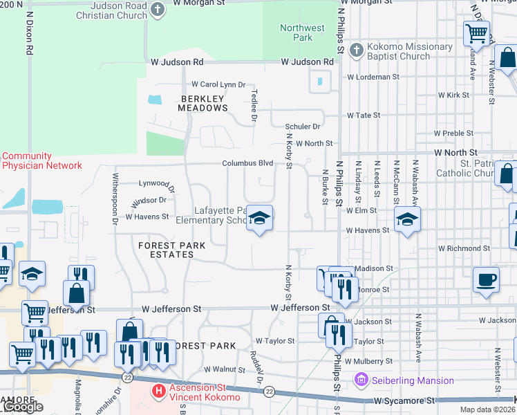 map of restaurants, bars, coffee shops, grocery stores, and more near 1651 West Elm Street in Kokomo