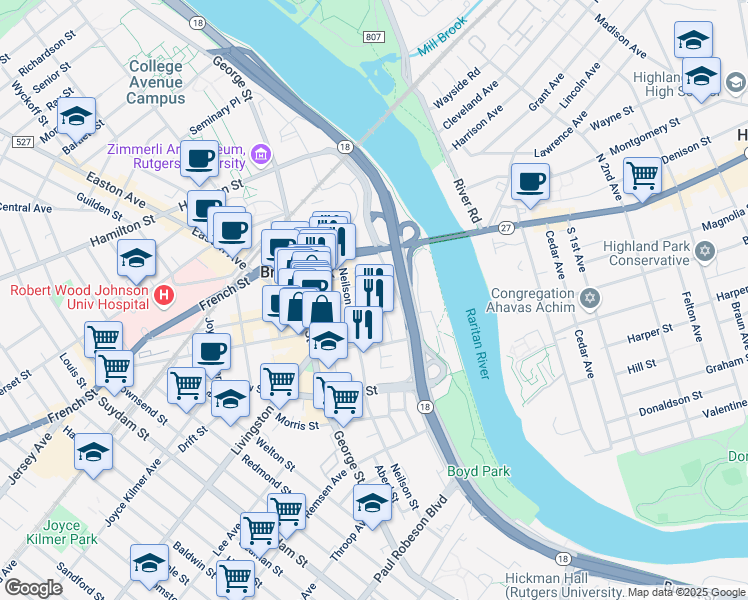 map of restaurants, bars, coffee shops, grocery stores, and more near 26 Hiram Square in New Brunswick