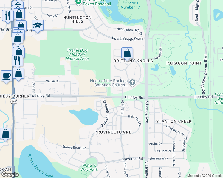 map of restaurants, bars, coffee shops, grocery stores, and more near 6525 Westbourn Circle in Fort Collins
