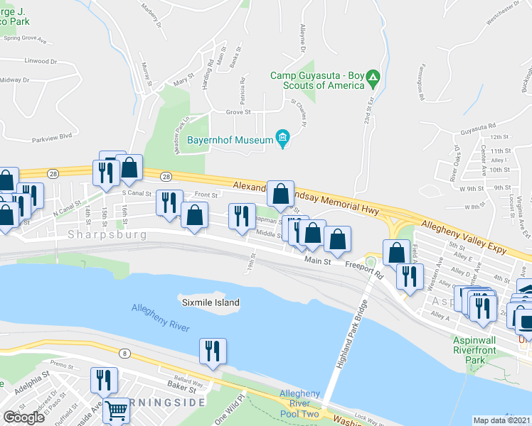map of restaurants, bars, coffee shops, grocery stores, and more near 1950 Chapman Street in Pittsburgh
