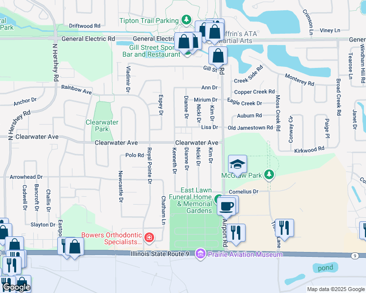 map of restaurants, bars, coffee shops, grocery stores, and more near 1226 Dianne Drive in Bloomington