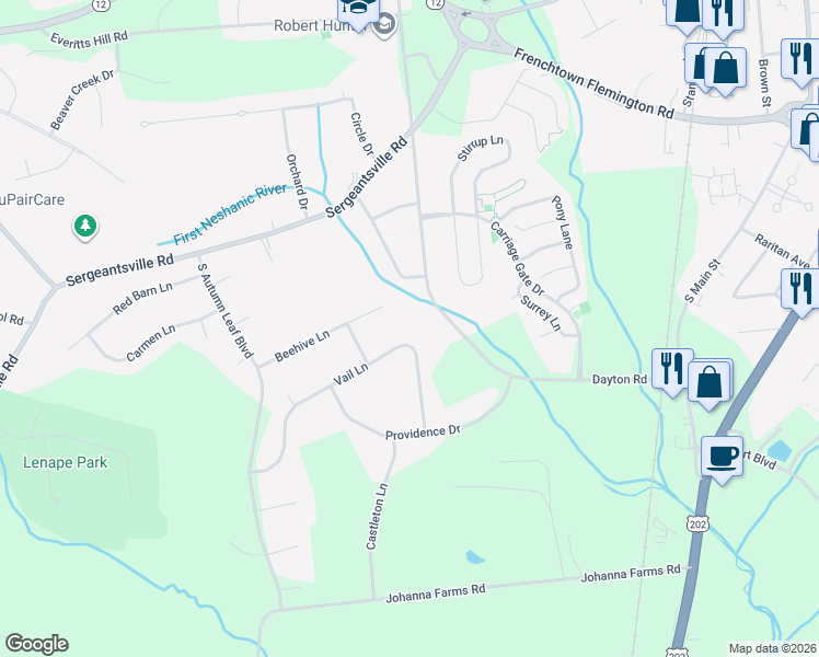 map of restaurants, bars, coffee shops, grocery stores, and more near 52 Dayton Road in Flemington