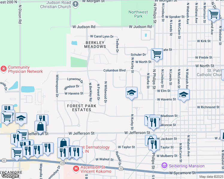map of restaurants, bars, coffee shops, grocery stores, and more near 1651 West Elm Street in Kokomo