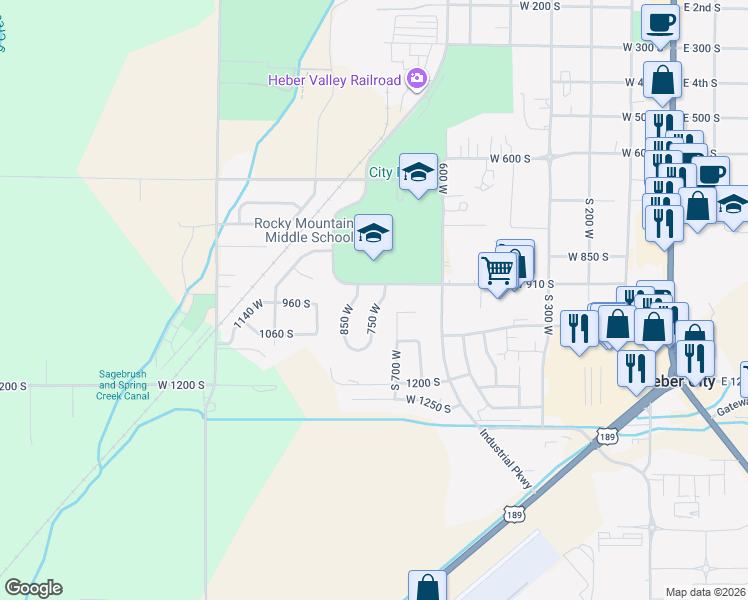 map of restaurants, bars, coffee shops, grocery stores, and more near 950 750 West in Heber City