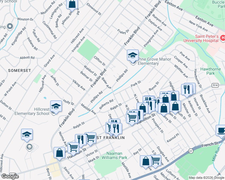 map of restaurants, bars, coffee shops, grocery stores, and more near 123 Baier Avenue in Franklin Township