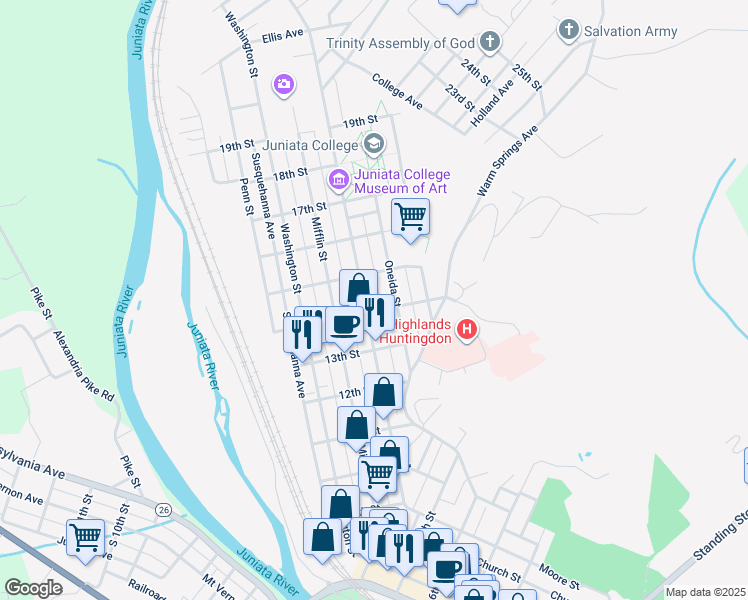 map of restaurants, bars, coffee shops, grocery stores, and more near 1400-1428 Moore Street in Huntingdon