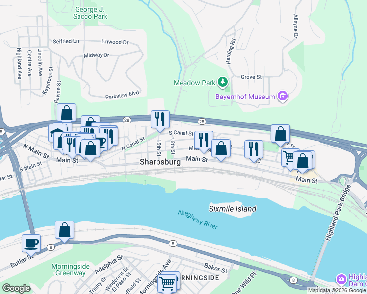 map of restaurants, bars, coffee shops, grocery stores, and more near 1614 Middle Street in Pittsburgh