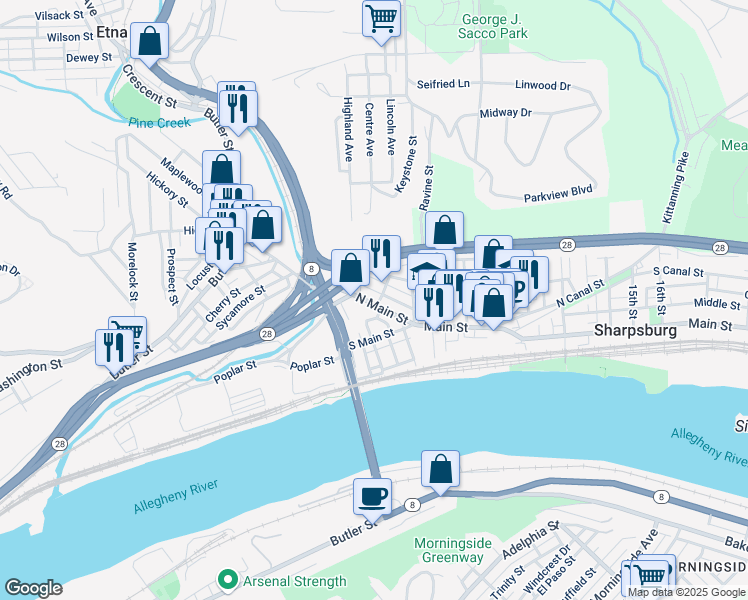 map of restaurants, bars, coffee shops, grocery stores, and more near 108a North Main Street in Sharpsburg