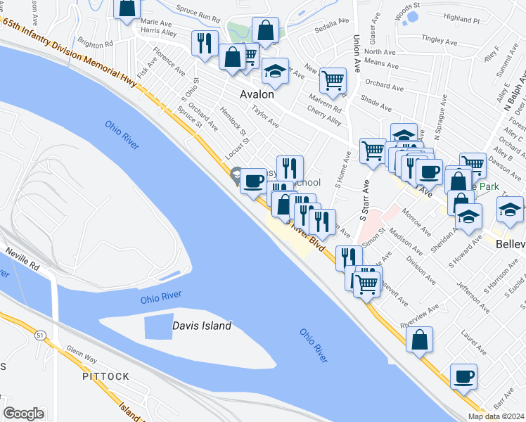map of restaurants, bars, coffee shops, grocery stores, and more near 860 Ohio River Boulevard in Pittsburgh