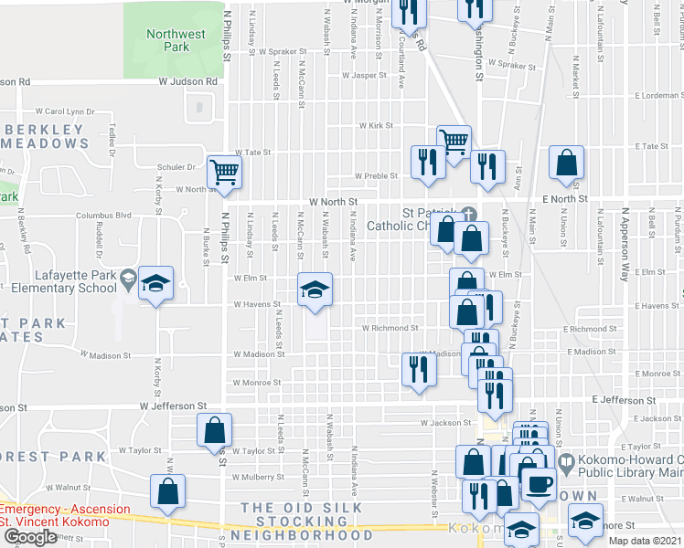 map of restaurants, bars, coffee shops, grocery stores, and more near 814 West Elm Street in Kokomo