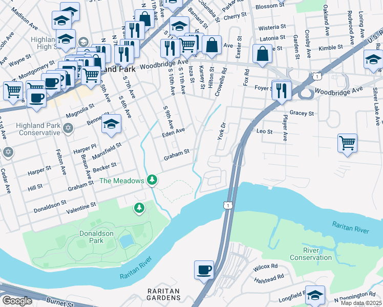 map of restaurants, bars, coffee shops, grocery stores, and more near 350 Crowells Road in Highland Park