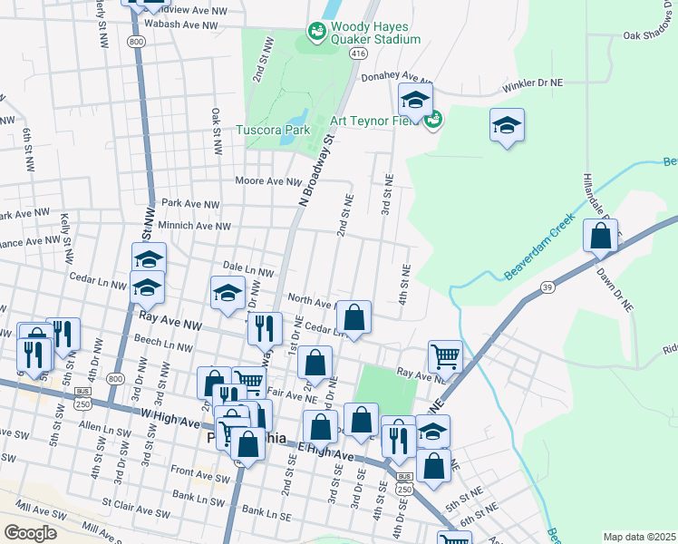 map of restaurants, bars, coffee shops, grocery stores, and more near 443 2nd Street Northeast in New Philadelphia