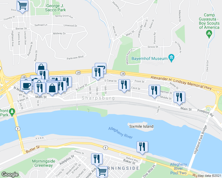 map of restaurants, bars, coffee shops, grocery stores, and more near 1614 Middle Street in Pittsburgh