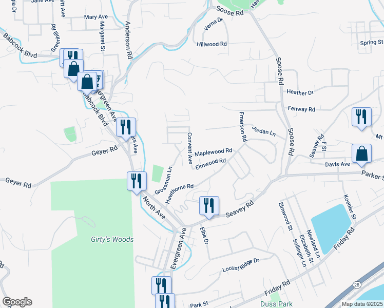 map of restaurants, bars, coffee shops, grocery stores, and more near 102 Convent Avenue in Pittsburgh