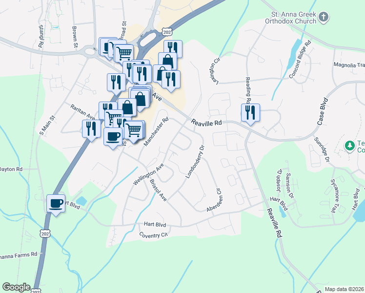 map of restaurants, bars, coffee shops, grocery stores, and more near 72 Chelsea Circle in Flemington