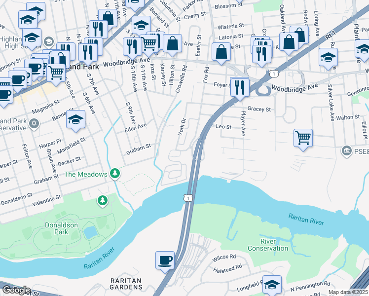 map of restaurants, bars, coffee shops, grocery stores, and more near 43 York Drive in Edison