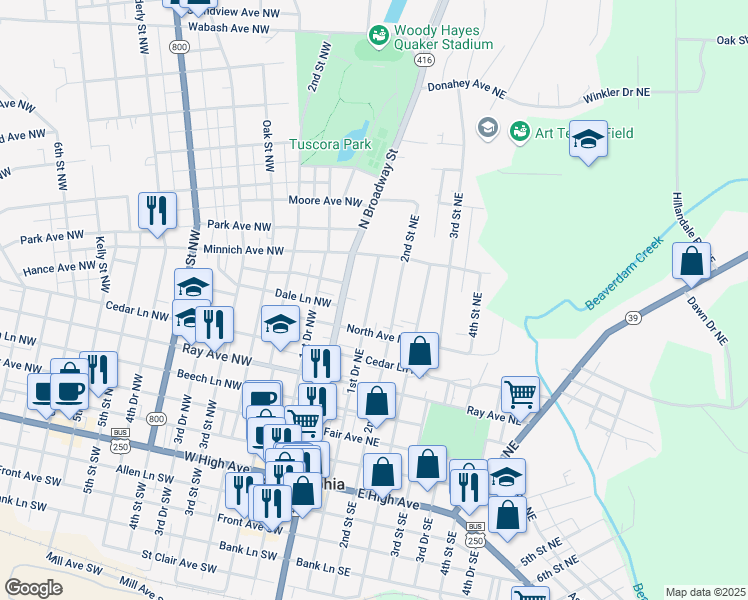 map of restaurants, bars, coffee shops, grocery stores, and more near 435 1st Drive Northwest in New Philadelphia