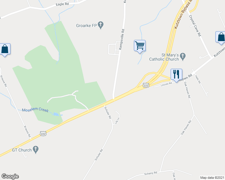map of restaurants, bars, coffee shops, grocery stores, and more near 16 Kempsville Road in Kutztown