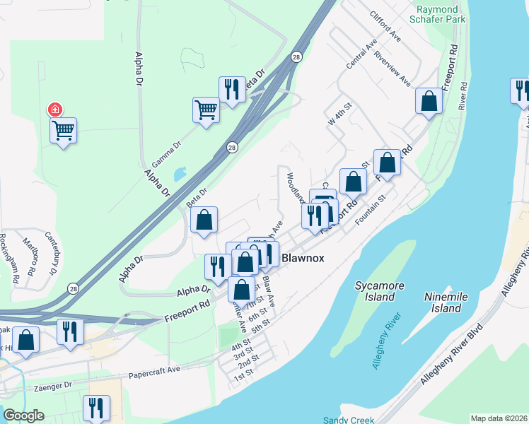 map of restaurants, bars, coffee shops, grocery stores, and more near 231 Summit Drive in Pittsburgh