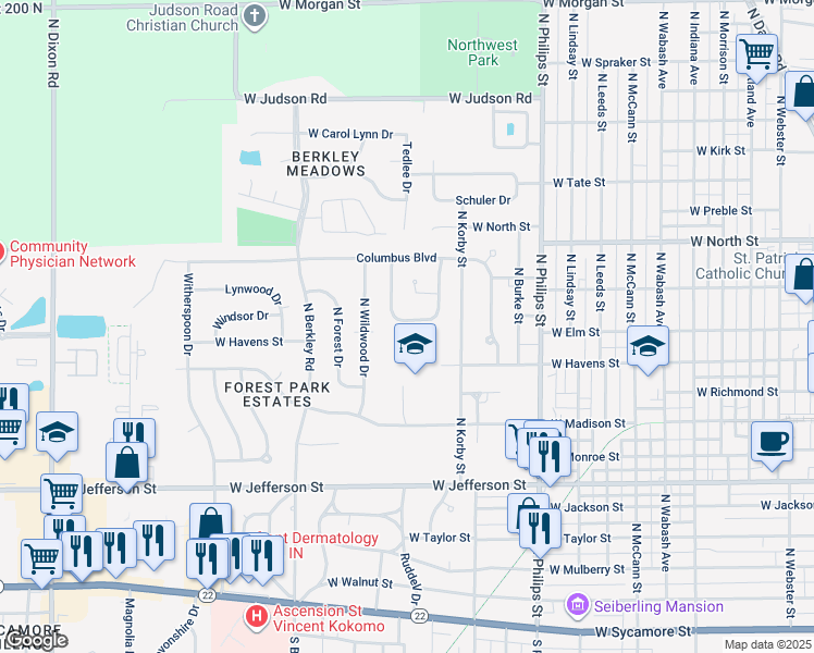 map of restaurants, bars, coffee shops, grocery stores, and more near 1651 West Elm Street in Kokomo
