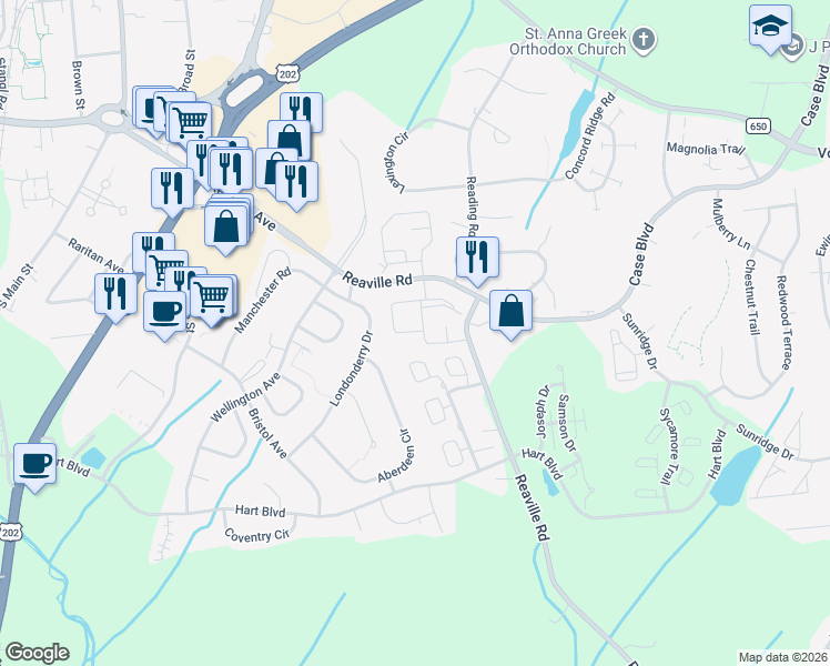 map of restaurants, bars, coffee shops, grocery stores, and more near 104 Blackberry Court in Flemington